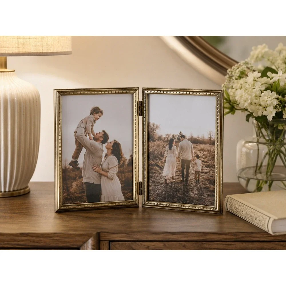 Vintage Double Picture Frame Gold 5x7 Hinged Filigree Embossed